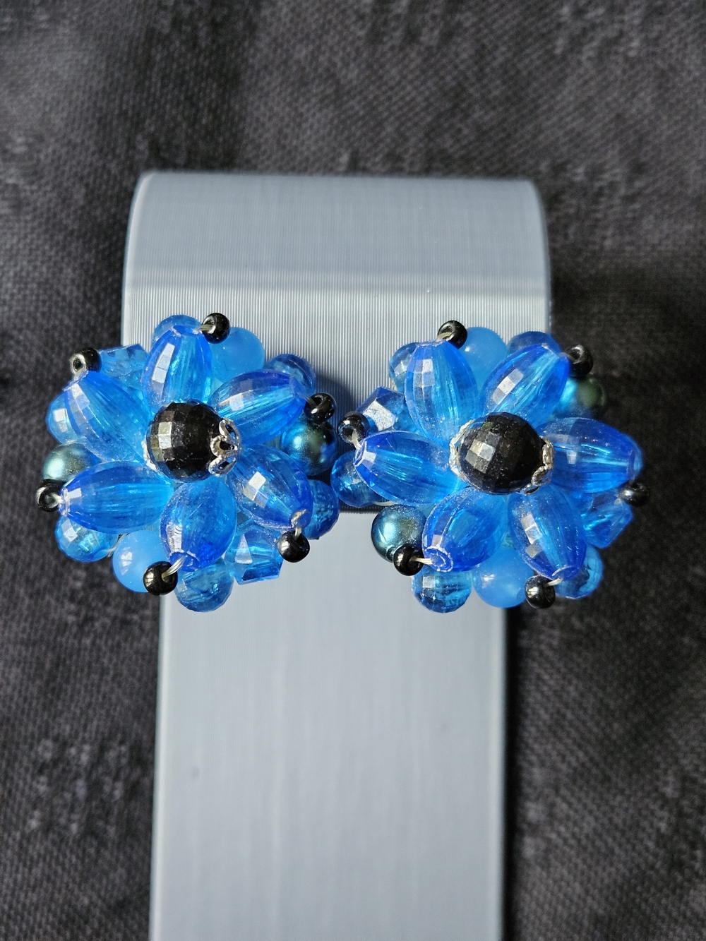 Berman Blue Beaded Flower Clip-On Earrings Marked Germany On Clip